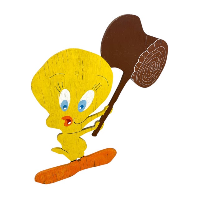 1970s Vintage Hand-Painted Tweety Bird Wooden Cutout Sign With Mallet For Sale - Image 5 of 11