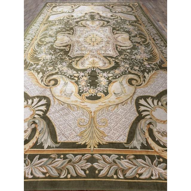 Contemporary Contemporay Luxury Green Field Medallion Antique European Savonnerie Gallery Rug For Sale - Image 3 of 8