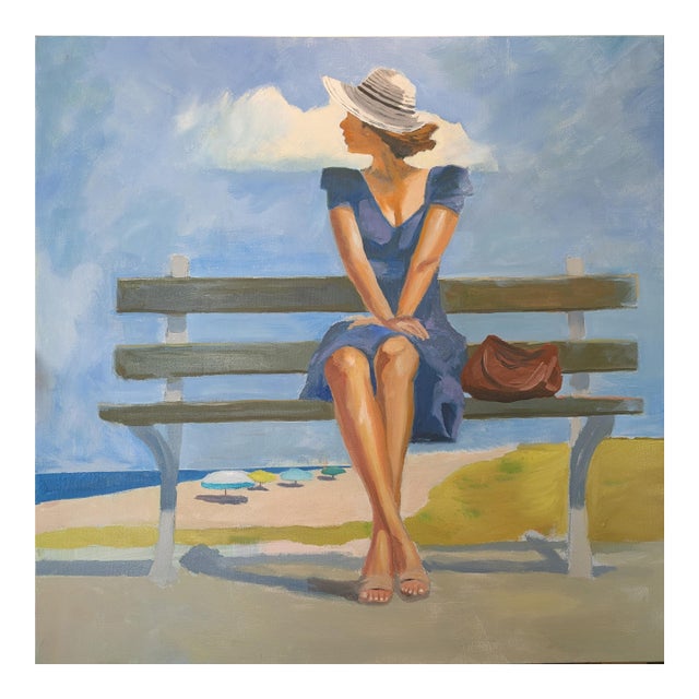 Beach Bench - Oil on Canvas 36x36" For Sale