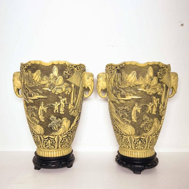 Asian-Oriental Vases in Carved Ivory-Colored Resin, 1970s, Set of 2 For Sale - Image 9 of 9