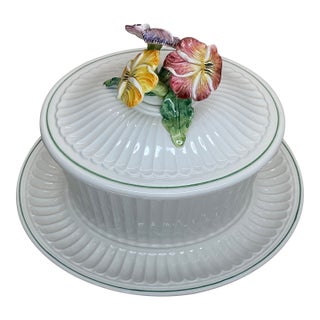 Vintage Italian Trompe L’Oeil Pansy Casserole Dish With Matching Oval Underplate For Sale