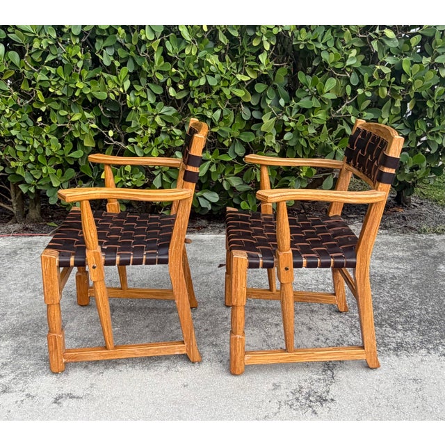 Vintage Mid-Century Ranch Oak Leather Strapped Arm Chairs - A Pair For Sale In Naples, FL - Image 6 of 11