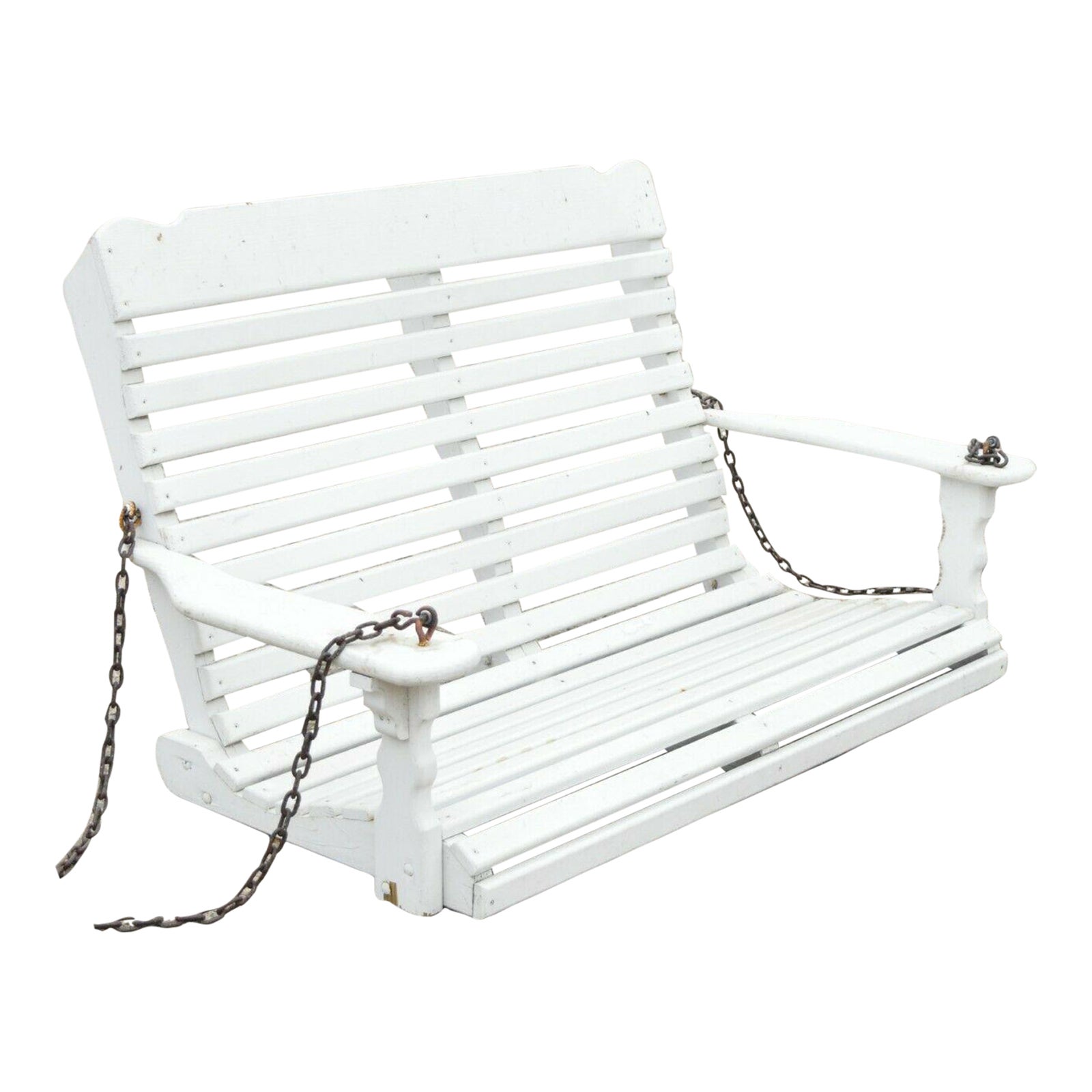 Vintage White Painted Wooden Slat Hanging Garden Patio Bench Love Seat