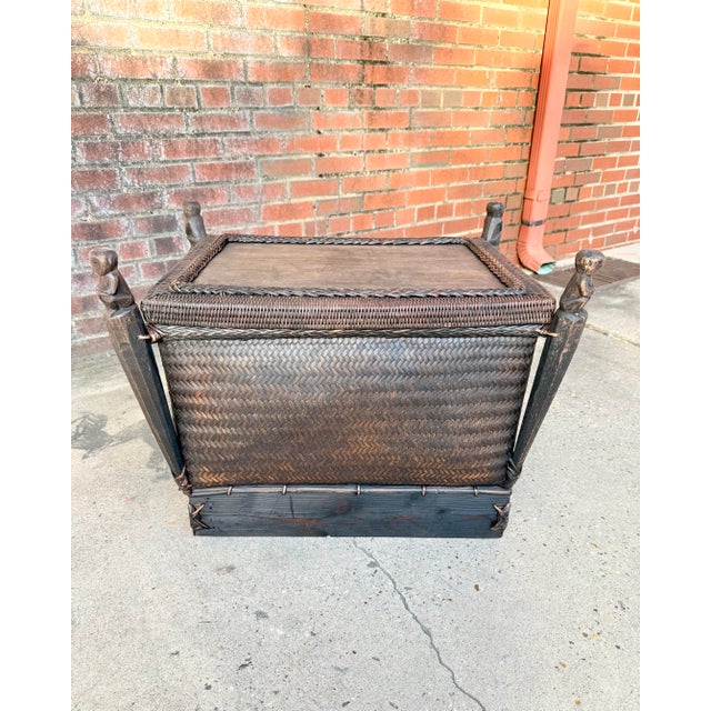 Mid-Century Modern Chic Vintage Maximalist Tribal Rattan Storage Trunk / Japandi Coffee Table With Carved Guardians For Sale - Image 3 of 12