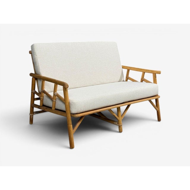 Mid-Century Modern Ficks Reed, Two Seater Sofa, Bamboo, Cane, White Fabric, Usa, 1950s For Sale - Image 3 of 15