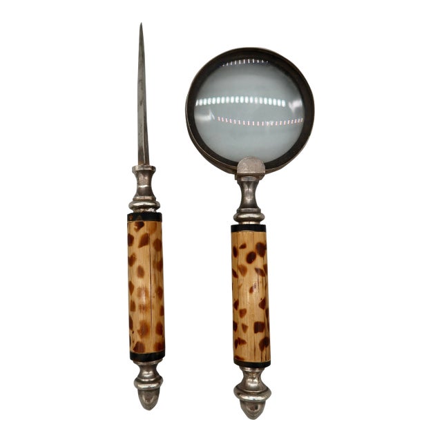 Antique French Bamboo and Silver Plate Desk Set — Magnifying Glass and Letter Opener, Late 19th / Early 20th Century For Sale