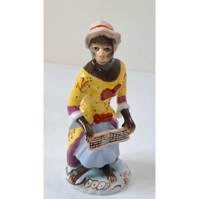 1980s Chelsea House Porcelain Monkey Band Singer Figurines, Pair, Meissen Style Rococo Musicians For Sale - Image 9 of 14