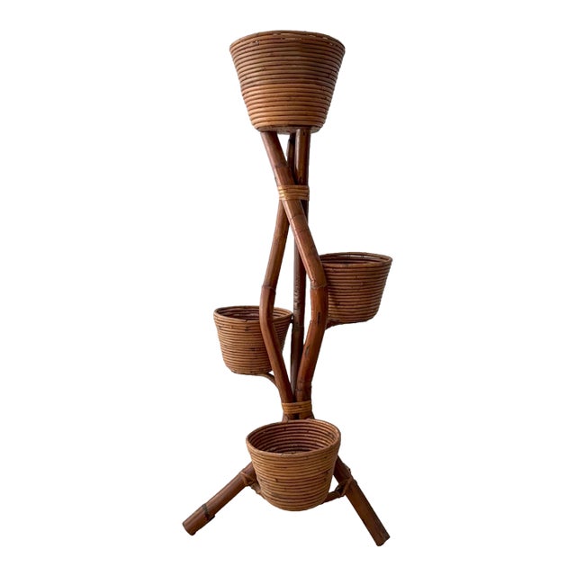 Circa 1965 Italian Bamboo and Rattan Plant Stand For Sale