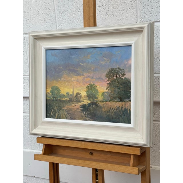 Green Sunrise at Village by River in the English Countryside with Church Spire & Birds 1985 Circa For Sale - Image 8 of 13