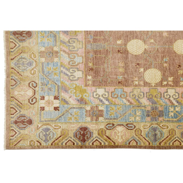 12 X 20 Brown Contemporary Khotan Style Wool Rug With Allover Design For Sale In New York - Image 6 of 9