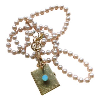 Vintage Four Photo Etched Locket, Pink Pearl Chain, Faceted Pacific Opal Stone, Lobster Claw For Sale