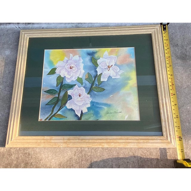 Vintage Framed Watercolor on Paper Floral Study “White Wild Rose” Artist Janie Smith Thomas Nevada For Sale - Image 11 of 12