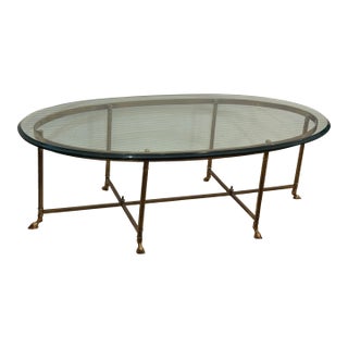 Mastercraft Hollywood Regency Brass Hoof Feet Coffee Table Racetrack Glass Top For Sale
