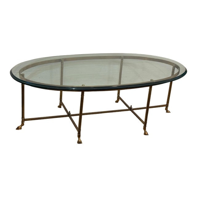 Mastercraft Hollywood Regency Brass Hoof Feet Coffee Table Racetrack Glass Top For Sale