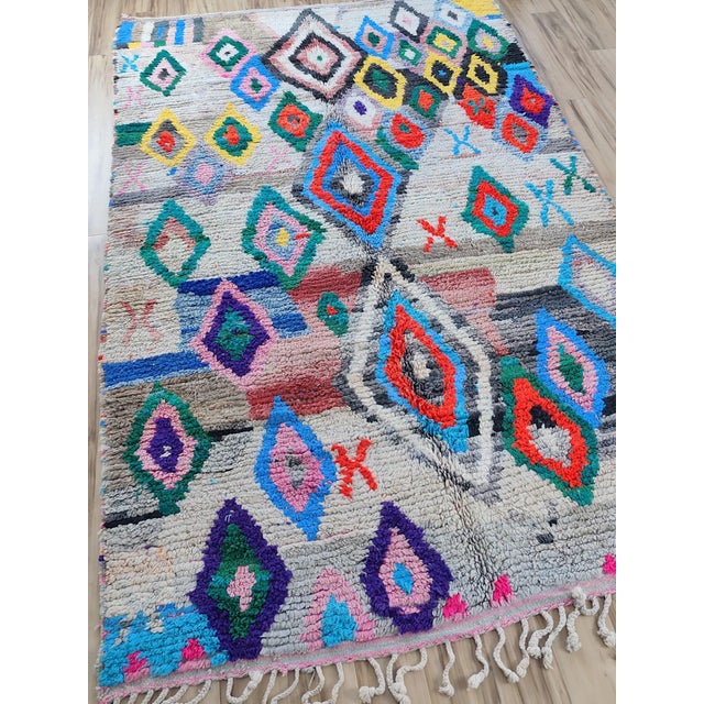Textile Multicolor Diamond Handwoven Wool Moroccan Boujaad Rug For Sale - Image 7 of 12