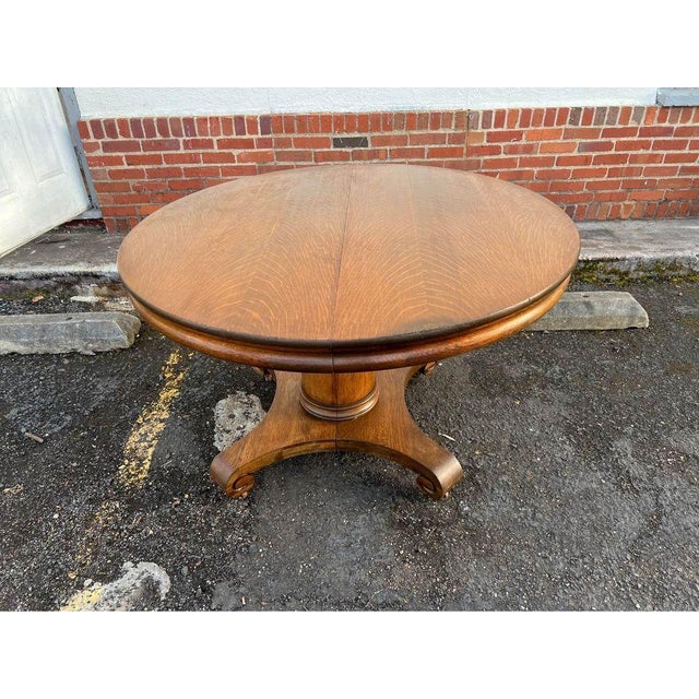 English 19th Century Regency Style Tiger Oak Round Dining Table With 4 Leaves. For Sale - Image 3 of 12