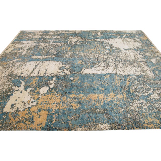 2010s 2010s Beige & Blue Contemporary Tibetan Wool & Silk Rug With Abstract Motif For Sale - Image 5 of 7