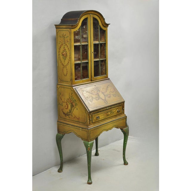 Antique English Adams Style Distress Hand Painted Narrow Secretary Writing Desk with a Unique Smaller Size. Circa Early...
