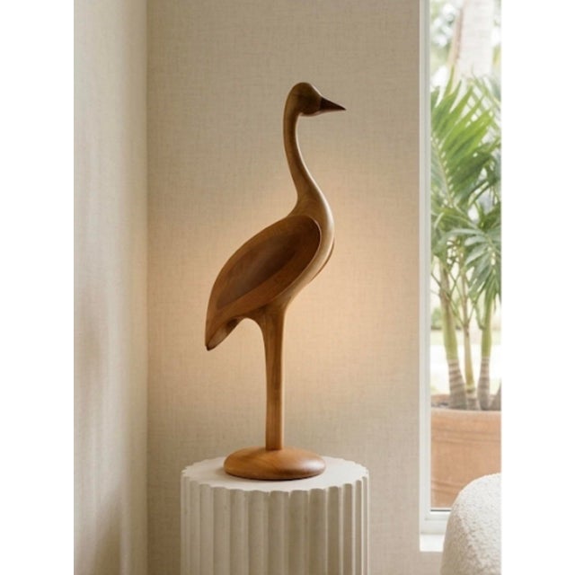 Mid-Century Modern Vintage Hand-Carved Teak Wood Crane Shorebird Sculpture – 37" For Sale - Image 9 of 12