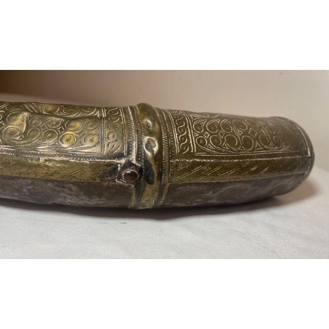 Moroccan Rare Fine Antique 19th Century Brass Steel Moroccan Powder Horn Shot Flask C1850 For Sale - Image 3 of 12