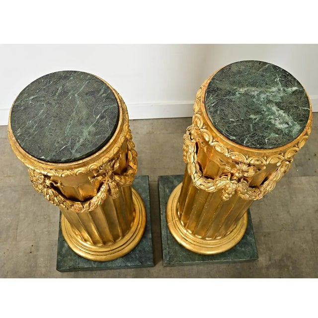 French Pair of Neoclassical Giltwood & Marble Top Columns For Sale - Image 10 of 12