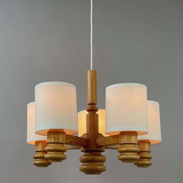 Scandinavian Pine & Fabric 5-Light Chandelier, Sweden, 1970s For Sale - Image 6 of 17