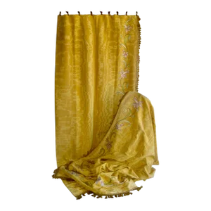 French Yellow Moire Silk and Flowers Castle Curtains Drapes, Early 18 Hundreds - a Pair