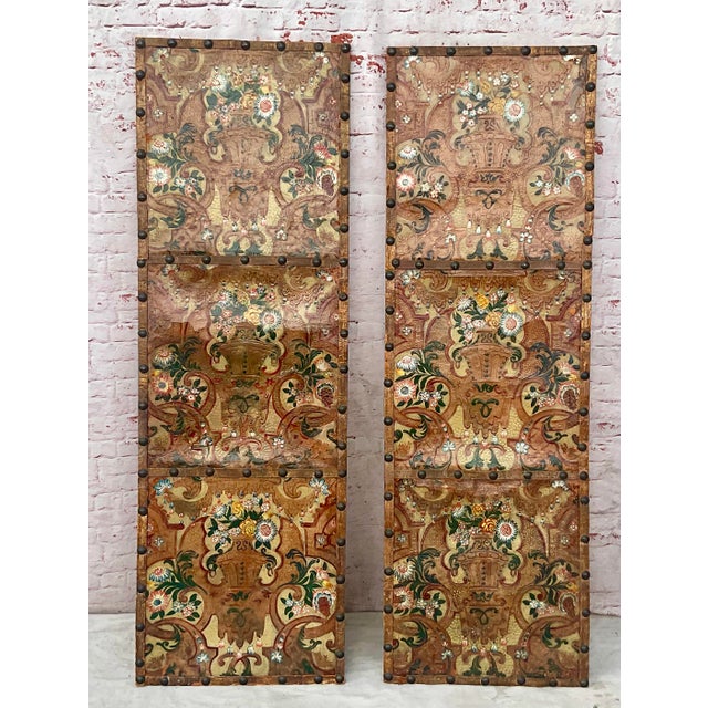 Italian Painted and Tooled Leather Panels a Pair For Sale - Image 9 of 12