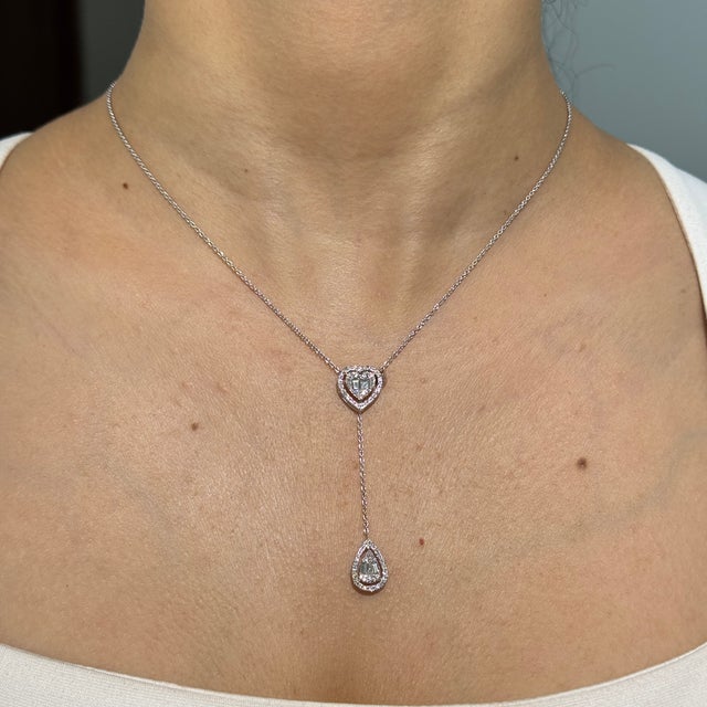 American Diamond Halo Heart & Teardrop Lariat Necklace in 14k White Gold, 16 Inches For Sale - Image 3 of 17