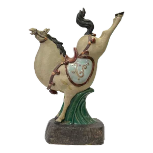 Chinese Ceramic Tan Green Color Artistic Horse Back Legs Up Figure