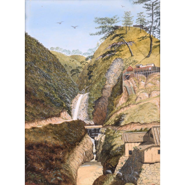 Gorgeously detailed mountain landscape by an unknown Japanese artist (19th Century). Two waterfalls cascade down a lush...