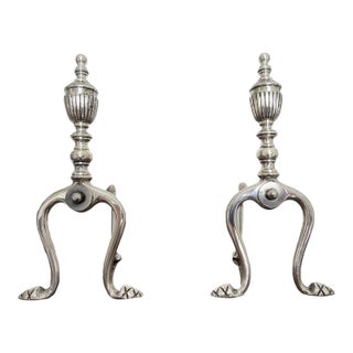 Pair of Brass Fireplace Andiron Set in Silver Antique Finish For Sale