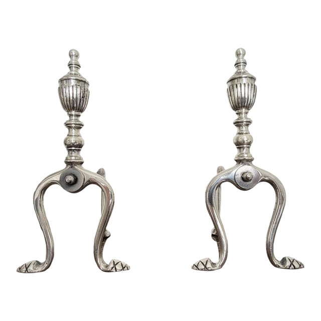 Pair of Brass Fireplace Andiron Set in Silver Antique Finish For Sale