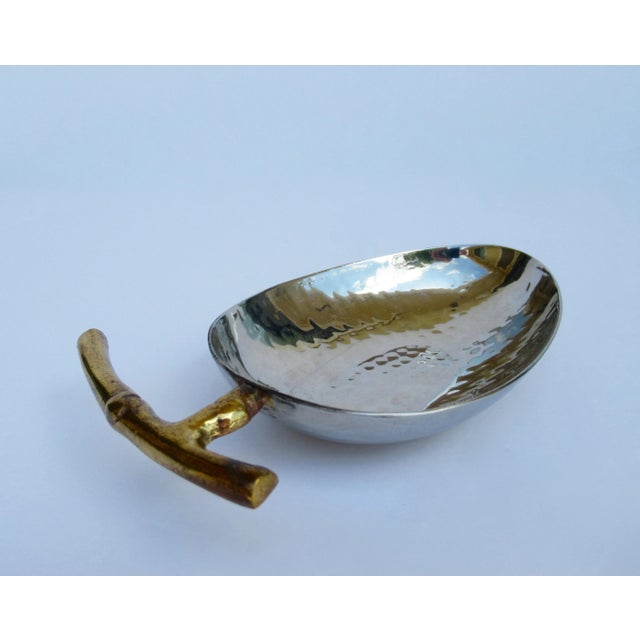 Vinatge; 1980's hammered, silver plate with brass, bamboo-style handled, oval-shaped, candy/nut bowl or decorative accent...