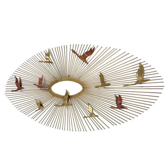 Mid-Century Modern Vintage 1960s Birds in Flight Wall Sculpture Starburst Brass Copper Mid-Century Modern Metal Art For Sale - Image 3 of 15