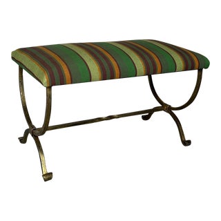 Spanish Iron Bench in Striped Fabric For Sale