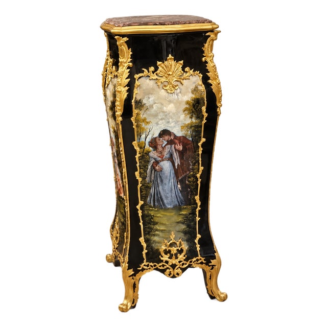 French-Style Hand-Painted Pedestal – Marble Top With Ornate Gold Leaf Accents For Sale