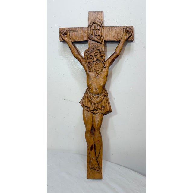 Big Vintage Hand Carved Wood Folk Art Religious Jesus Crucified Cross Sculpture For Sale - Image 4 of 15