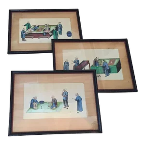 Antique 19th Century Chinese Watercolor Paintings on Pith Beautifully Framed in Wooden Mats - Set 3