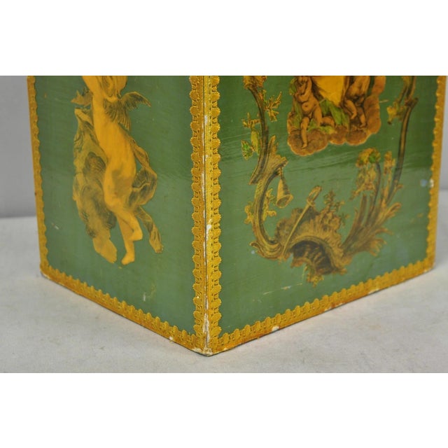 Wood Vintage Italian Venetian Decoupage Green Gold Papier Mache Wastebasket Trash Can For Sale - Image 7 of 18
