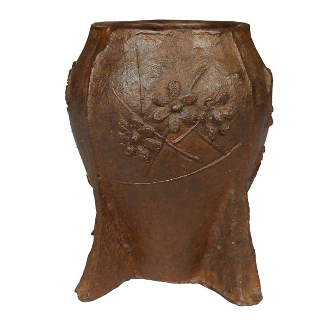 Vintage Chinese Floral Cast Iron Mortar For Sale