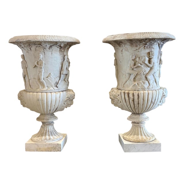 19th Century Antique Italian Marble Bacchanalian Urns Pair For Sale