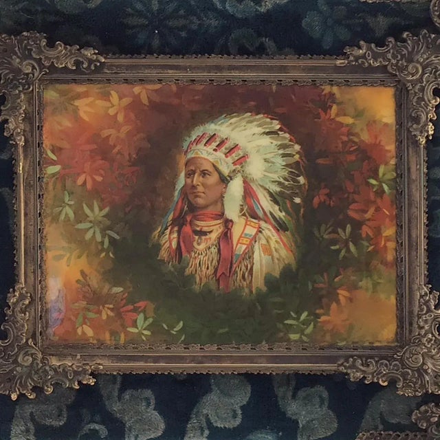 Beautiful late 1800s photo album with celluloid Indian chief trimmed with ornate brass around the portrait and front edge,...