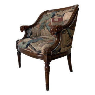 Vintage French Empire Style Carved Ram’s Head Arm Club Chair With Book Motif Upholstery For Sale