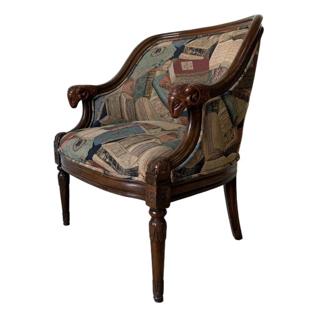Vintage French Empire Style Carved Ram’s Head Arm Club Chair With Book Motif Upholstery For Sale