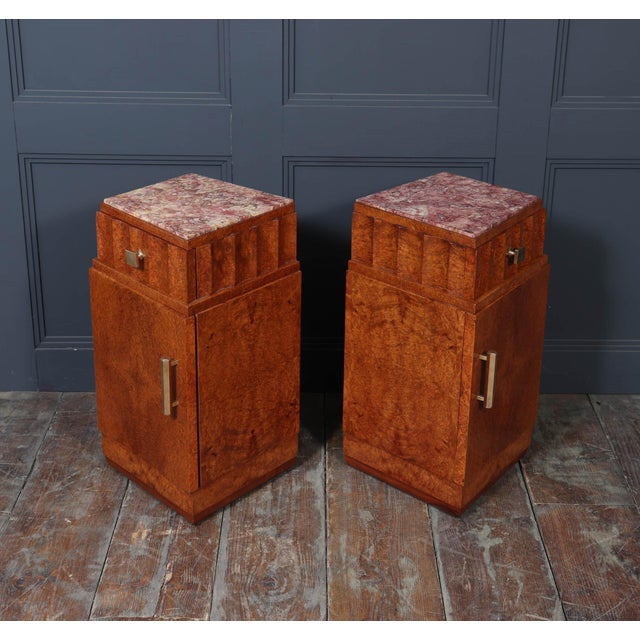 French Art Deco Bedside Tables in Amboyna and Marble, 1930s, Set of 2 For Sale - Image 10 of 15