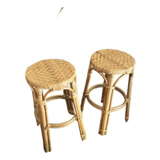 1970s Pair of Boho Woven Wicker Counter Stools For Sale