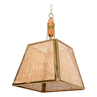 Mid-Century Italian Pendant in Gilt Metal, Straw and Giass, 1970s For Sale