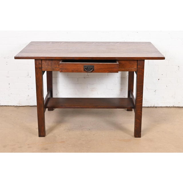 Early 20th Century Gustav Stickley Mission Oak Arts & Crafts Writing Desk or Library Table, Circa 1900 For Sale - Image 5 of 12