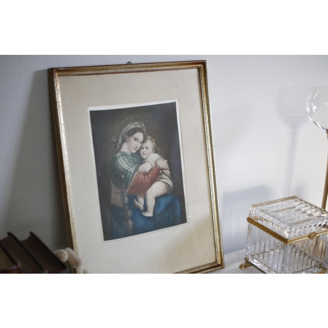 Late 19th C. Antique Silk Print of Madonna Della Seggiola by Raphael in Gold Gilded Wood Frame For Sale - Image 4 of 16